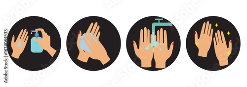 Hand washing icons set. Healthcare wash hands process with rinse water, tap, soap, towel and safety icons. EPS 10
