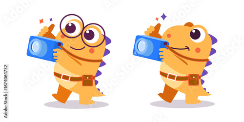 Dinosaur with a camera, giving a thumbs up. Great for photography, travel, or character designs