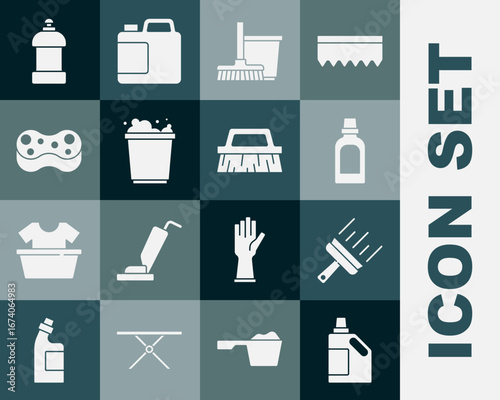 Set Bottle for cleaning agent, Rubber cleaner windows, Mop and bucket, Bucket with foam, Sponge, and Brush icon. Vector