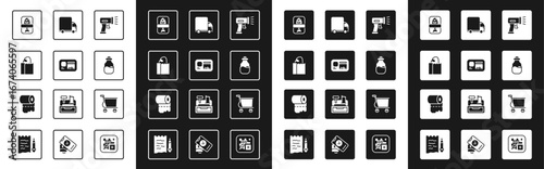 Set Scanner scanning bar code, Identification badge, Paper bag with bread loaf, Fish plastic tray container, Spice, Delivery cargo truck, Shopping cart and Toilet paper roll icon. Vector