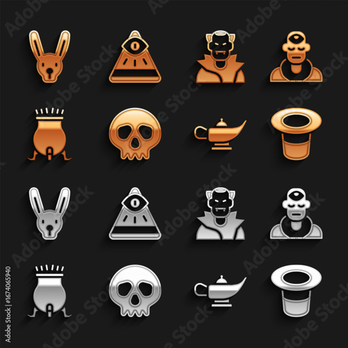 Set Skull, Wizard warlock, Magic hat, lamp or Aladdin, Witch cauldron, Vampire, Rabbit with ears and Masons icon. Vector