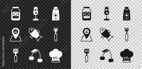 Set Jam jar, Wine glass, Sunscreen cream tube, Spatula, Cherry, Chef hat, Picnic location and Fish icon. Vector