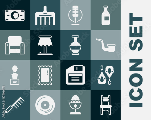 Set Chair, Earrings, Smoking pipe, Microphone, Table lamp, Armchair, Stacks paper money cash and Ancient amphorae icon. Vector