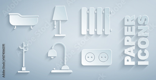 Set Table lamp, Heating radiator, Coat stand, Electrical outlet, and Bathtub icon. Vector