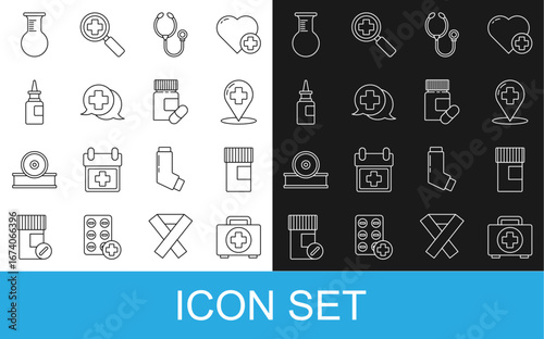 Set line First aid kit, Medicine bottle, Map pointer with cross hospital, Stethoscope, Dialogue the doctor, Bottle nasal spray, Test tube and flask and pills icon. Vector