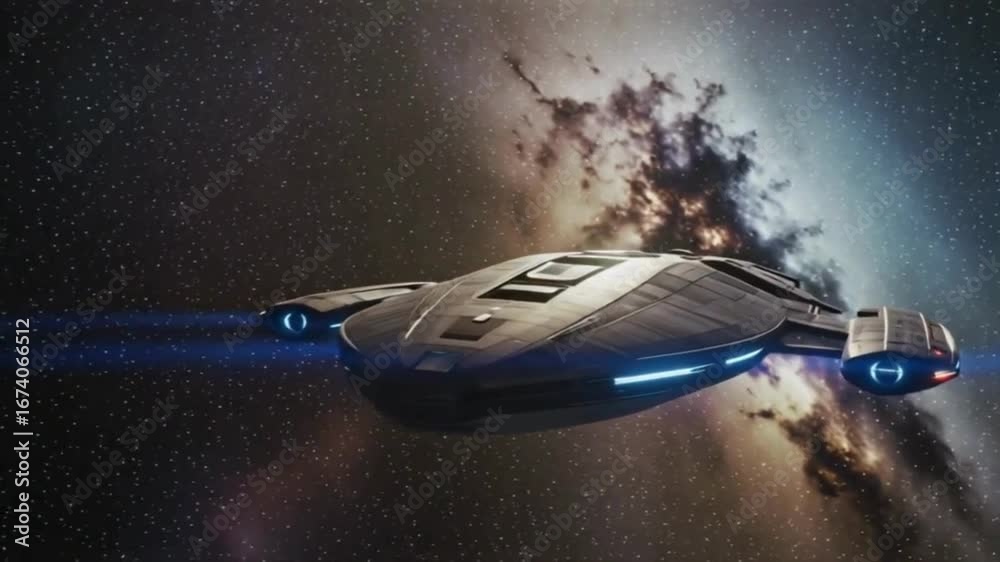 Spaceship traveling through swirling starfield and glowing nebula  
