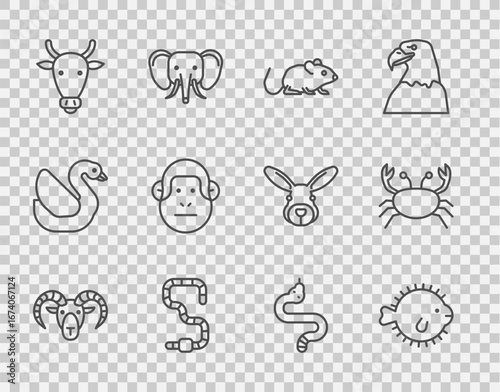 Set line Head of goat or ram, Puffer fish, Rat, Worm, Cow head, Monkey, Snake and Crab icon. Vector