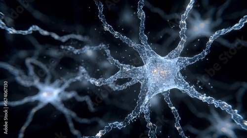 Glowing neuron network with magnesium crystals pulsing at synaptic junctions.
