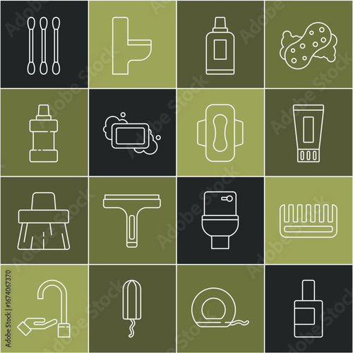 Set line Bottle for cleaning agent, Hairbrush, Tube of toothpaste, Bar soap, Cotton swab ears and Sanitary napkin icon. Vector