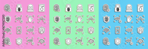 Set line Rejection voice recognition, User protection, Face, Motion sensor, Fingerprint in shield, fingerprint and Palm icon. Vector