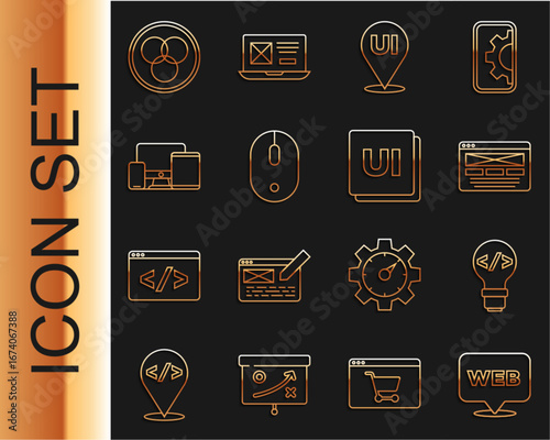 Set line Web and graphic design, Front end development, UI or UX, Computer mouse, Monitor, mobile, tablet, RGB CMYK color mixing and icon. Vector