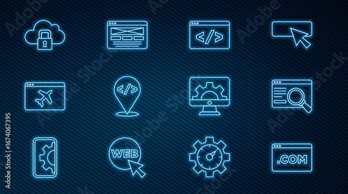 Set line UI or UX design, Front end development, Website template, Cloud computing lock, and icon. Vector