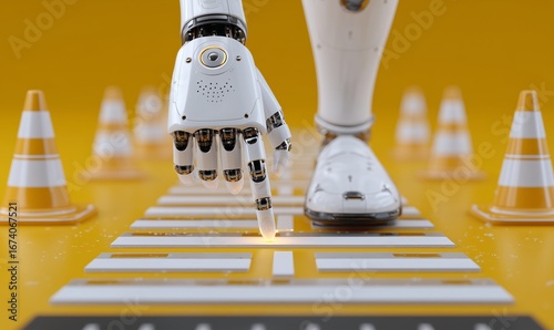 A futuristic robotic hand points at a pedestrian crossing symbol, surrounded by traffic cones on a bright yellow background, symbolizing technology and safety.