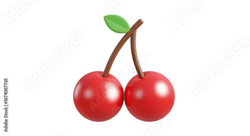 Two Red Cherries with Green Leaf on Transparent Background Rendered in 3D