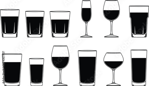 Collection of diverse beverage glasses filled with dark liquid showcasing various shapes and styles of glassware