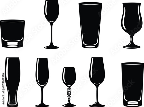 Collection of silhouetted drinkware including shot glasses champagne flutes and tall glasses on white background