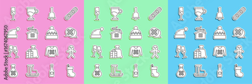 Set line Christmas stocking, Holiday gingerbread man cookie, Snowflake speech bubble, Merry ringing bell, house, Santa Claus hat, Glass of champagne and Winter icon. Vector