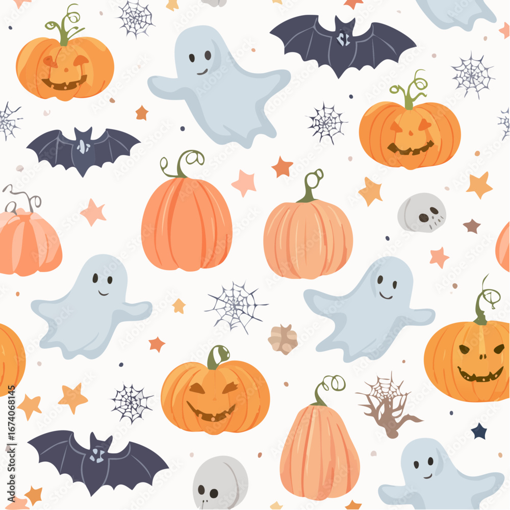 Naklejka premium Seamless Halloween pattern featuring pumpkins, ghosts, bats, stars, spiderwebs, and skulls on a white background.