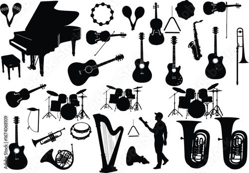 Diverse collection of musical instruments silhouettes including grand piano drum set guitars and brass instruments