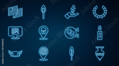 Set line Ancient amphorae, Bottle of olive oil, Zeus, Greek helmet, column, Greece national flag, Comedy and tragedy masks and Torch flame icon. Vector