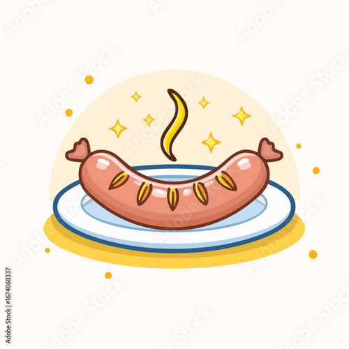 Cartoon illustration of a cooked sausage on a plate, with steam rising and sparkling highlights.