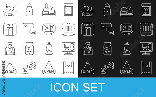 Set line Paper shopping bag, Shopping cart on computer, Scanner scanning bar code, Cashier at cash register, Security camera, Fire exit, Electronic scales for product and Clock 24 hours icon. Vector