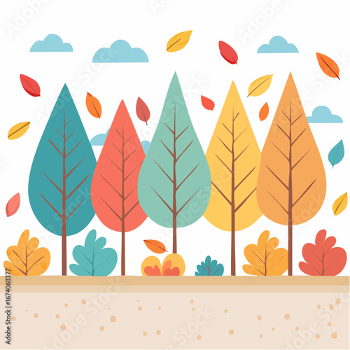 Colorful autumn trees with falling leaves and fluffy clouds in a whimsical, flat design illustration.