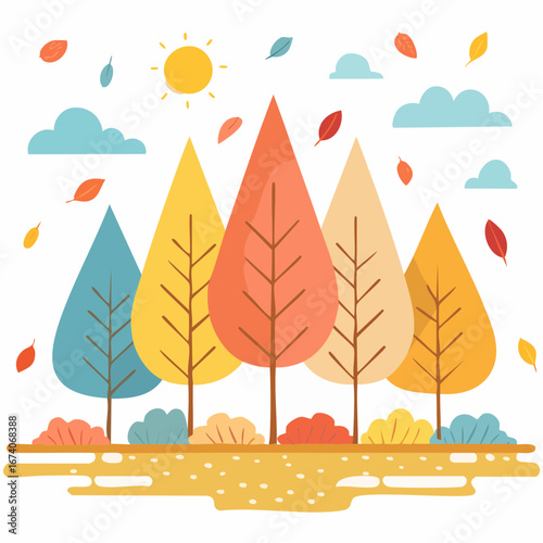 Colorful autumn landscape illustration featuring stylized trees, falling leaves, fluffy clouds, and a bright sun.