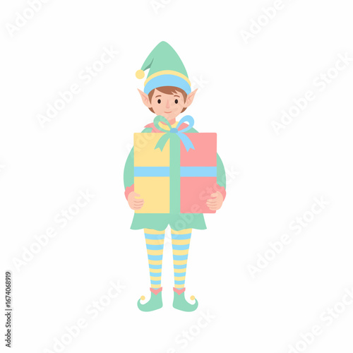 A charming cartoon Christmas elf in a pastel green suit and striped leggings holding a large, colorful gift box.