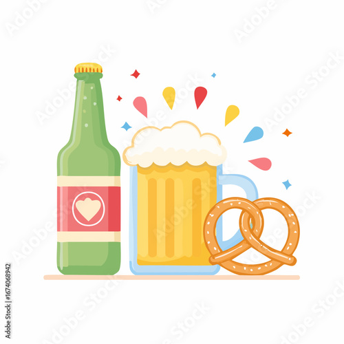A celebratory beer mug, bottle, and pretzel, festive design.