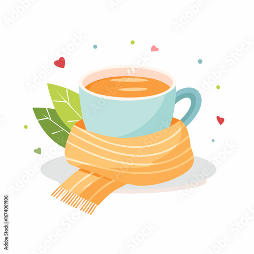 A cozy light blue teacup filled with hot tea, wrapped in a warm yellow striped scarf with green leaves and hearts.