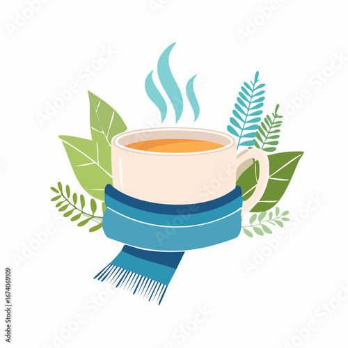 A cozy illustration of a hot mug of tea wrapped in a blue scarf surrounded by leaves.