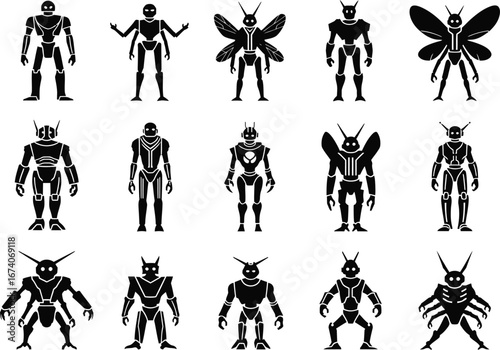 Collection of stylized robotic insectoid figures and humanoid cyborgs in various poses against a white background