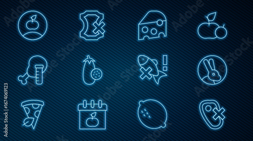 Set line No meat, Rabbit, Cheese, Eggplant, Genetically modified chicken, Apple, fish and leather icon. Vector