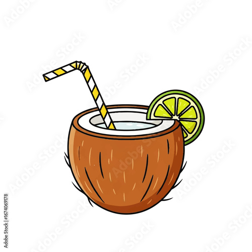 A delightful and refreshing tropical coconut drink served in its shell, complete with a straw and a lime wedge, isolated vector illustration perfect for summer designs