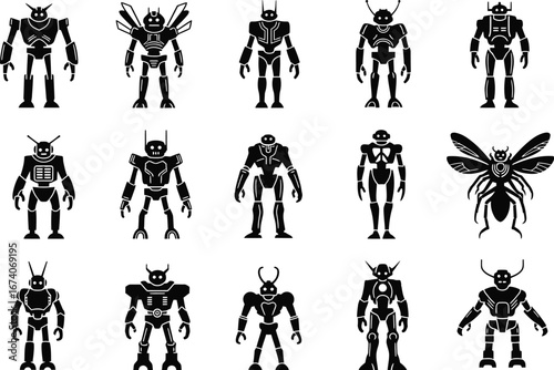Collection of stylized robotic figures and a mechanical insect in black silhouette on a white background