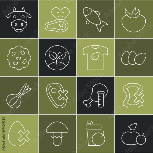 Set line Apple, No leather, Chicken egg, Fish, Sprout, Cookie or biscuit, Cow head and Vegan shirt icon. Vector