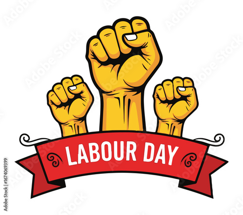 Three yellow raised fists with a red banner celebrating Labour Day, symbolizing workers' rights and solidarity.