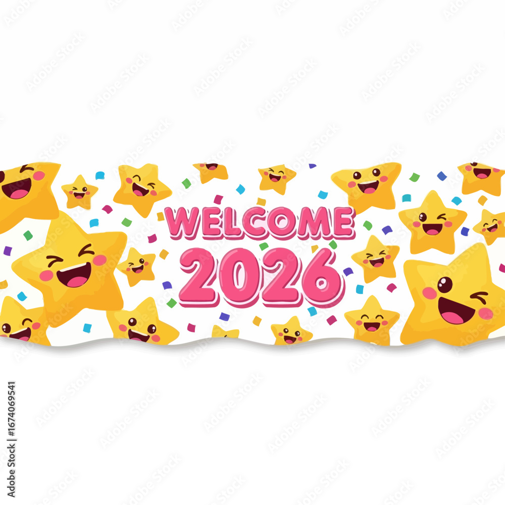 Obraz premium Cheerful Welcome 2026 Banner with Smiling Stars
