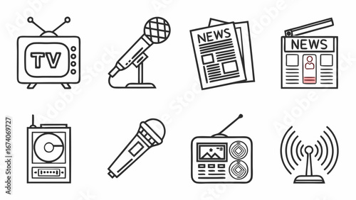 news media icon set, TV show, program, news, report, video and interview, Outline icon collection.