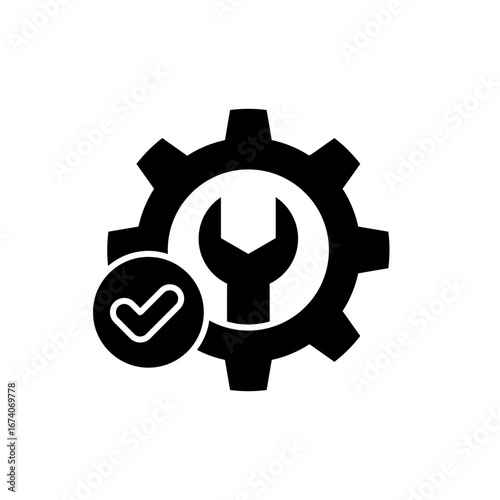 Fix service tools, wrench and screwdriver, repair instruments, mark, checkmark, simple icon. Gears logo line black icon collections. Wheel cogwheel vector. Free installation label product design.