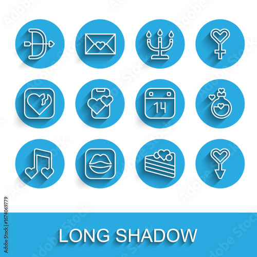 Set line Music note, tone with hearts, Smiling lips, Bow and arrow, Wedding cake, Female gender symbol, Dating app online mobile, Bottle love potion and Calendar February 14 icon. Vector