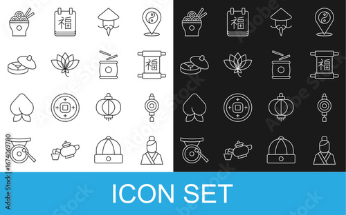 Set line Asian woman, Chinese paper lantern, New Year, or conical straw hat, Lotus flower, tea ceremony, noodles bowl and drum icon. Vector