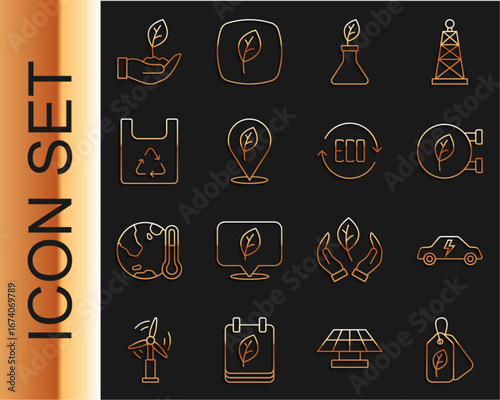 Set line Tag with leaf, Electric car, Eco shop, Plant breeding, Location, Shopping bag recycle, hand and Leaf symbol icon. Vector