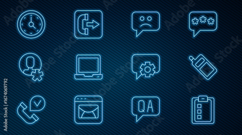 Set line Online quiz, test, survey, Mobile phone, Sad smile, Laptop, Elected employee, Clock, Telephone 24 hours support and Outgoing call icon. Vector