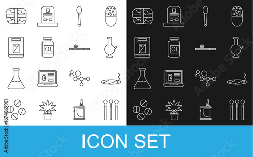 Set line Matches, Cigar with smoke, Glass bong for smoking marijuana, Heroin spoon, Medicine bottle and pills, Cigarettes pack box, Package cocaine and Opium pipe icon. Vector