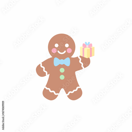 Cheerful Gingerbread Man Holding a Gift Box with Colorful Ribbons and Bowtie.
