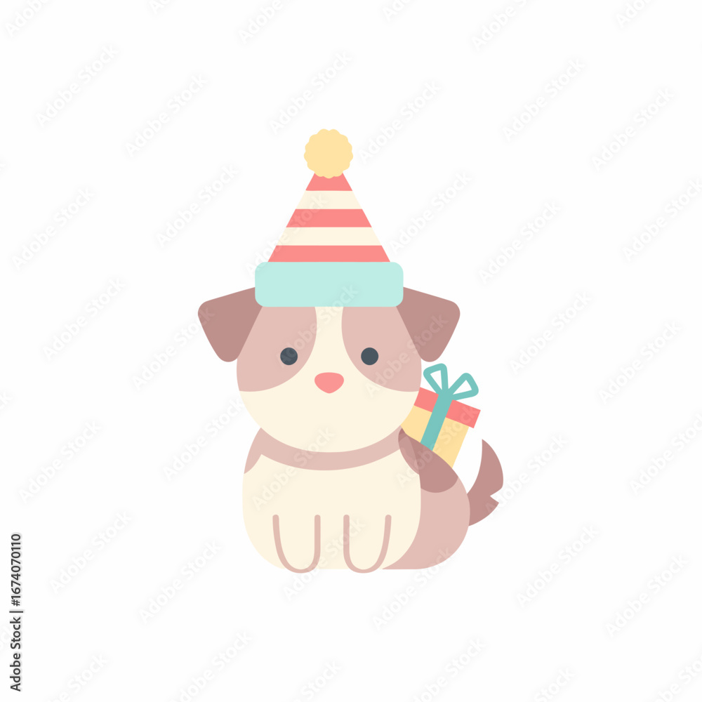 Fototapeta premium Cartoon Dog with Striped Party Hat and Gift Box.