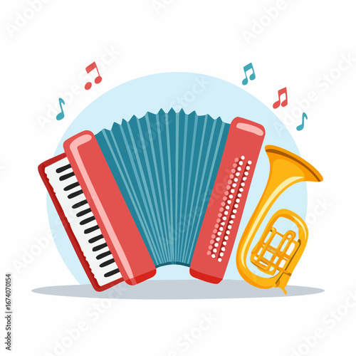 A colorful cartoon illustration of a red accordion and a golden tuba with musical notes floating around them.