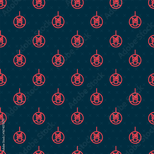 Red line Plant in hanging pot icon isolated seamless pattern on black background. Decorative macrame handmade hangers for flower pot, hang indoor plants. Vector